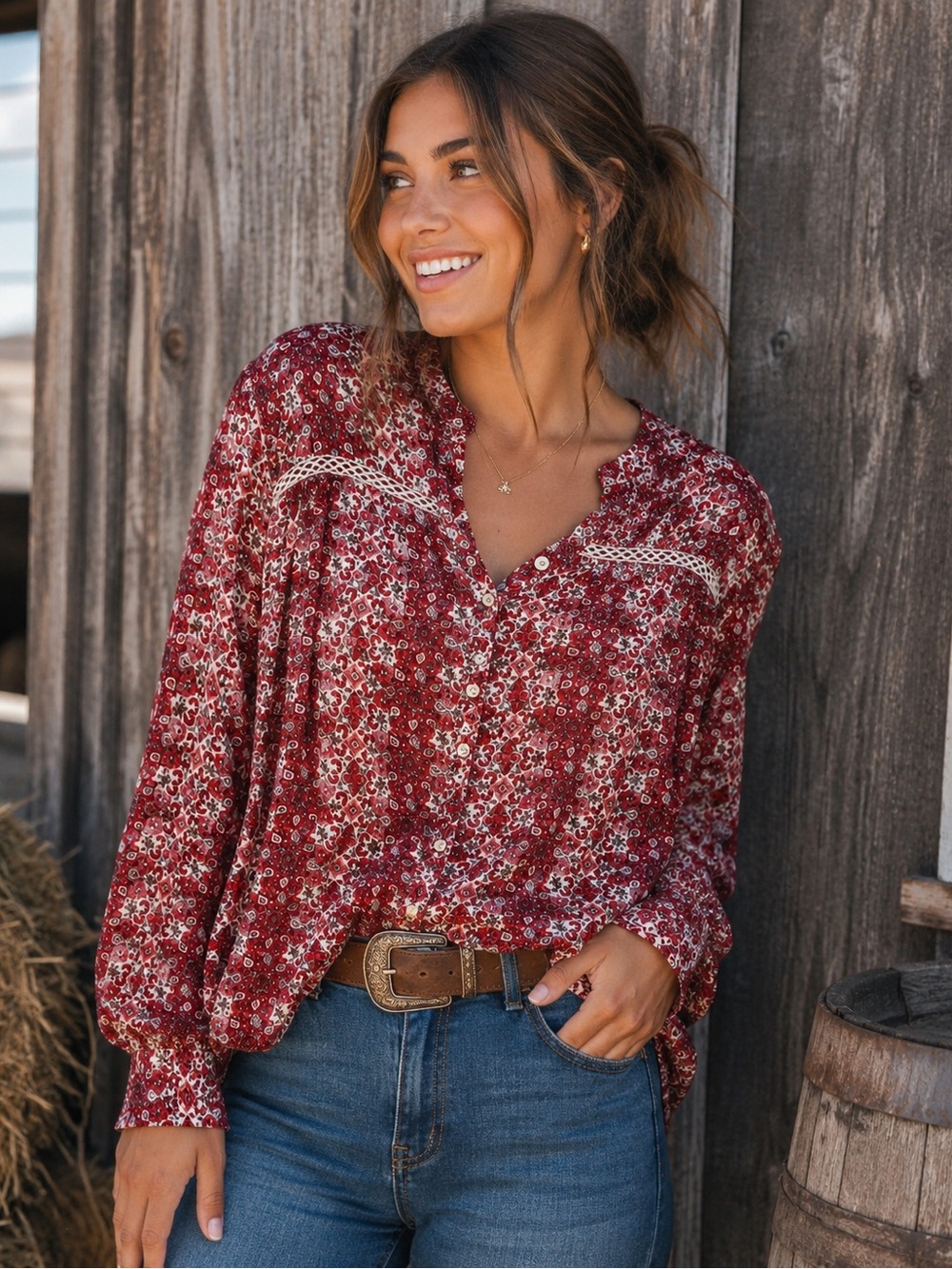 Hollister Red Floral Boho Lace Panel Button-Up Peasant Blouse (Size Small)